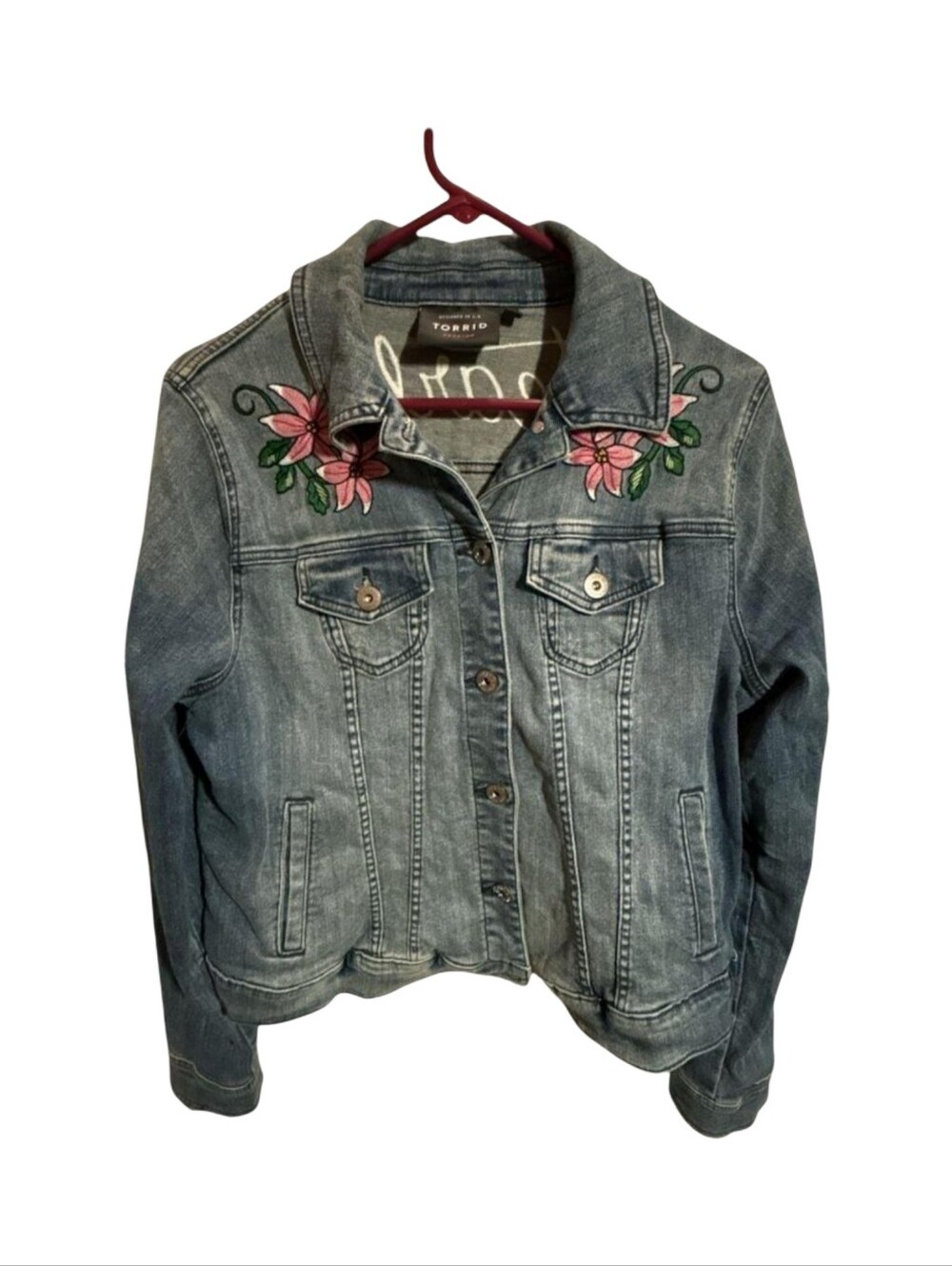 Torrid Fearless Embroidered Tiger Floral Denim Trucker Jacket Medium Wash Plus - Picture 5 of 16